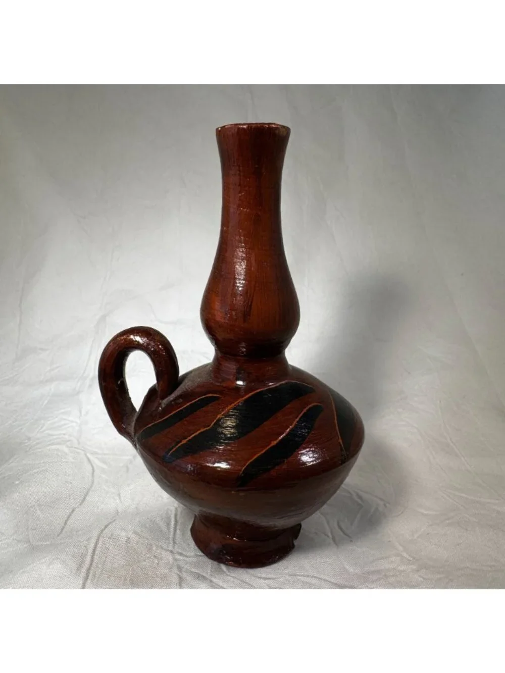 Vintage Handmade Brown Ceramic Vase Handle & Black Accents - Made In Greece